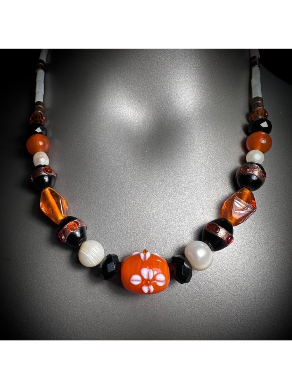 Ember Orchid Handmade Orange Floral Lampwork Pendant Necklace